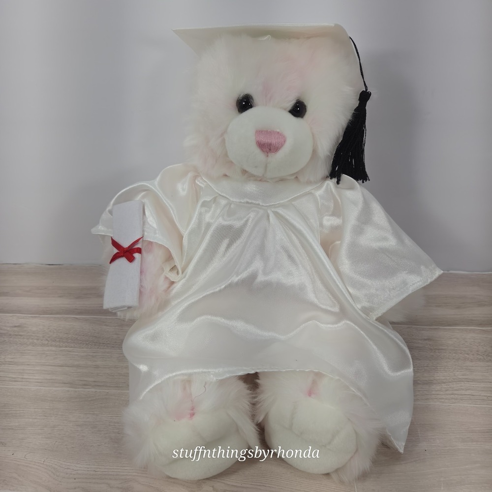 Build A Bear Cotton Candy Bear White & Pink 16" Tall Cap & Gown Retired